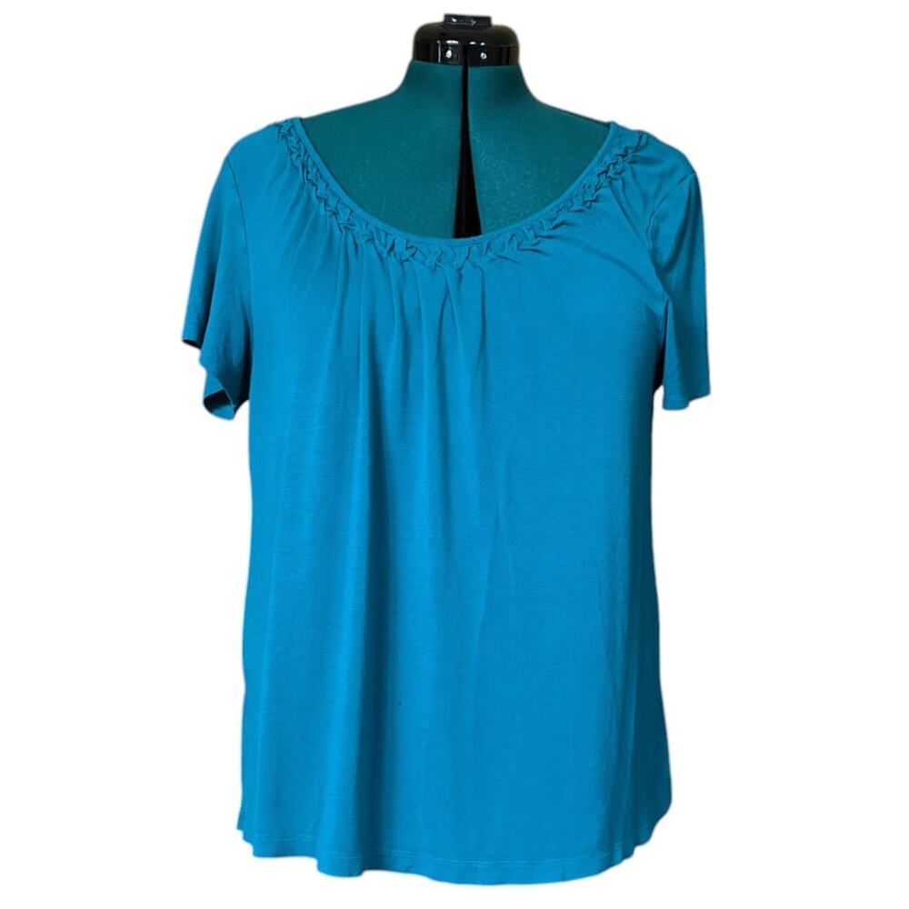 Women's Vibrant Teal Gathered Neckline Short Sleeve Top Measurements Provided